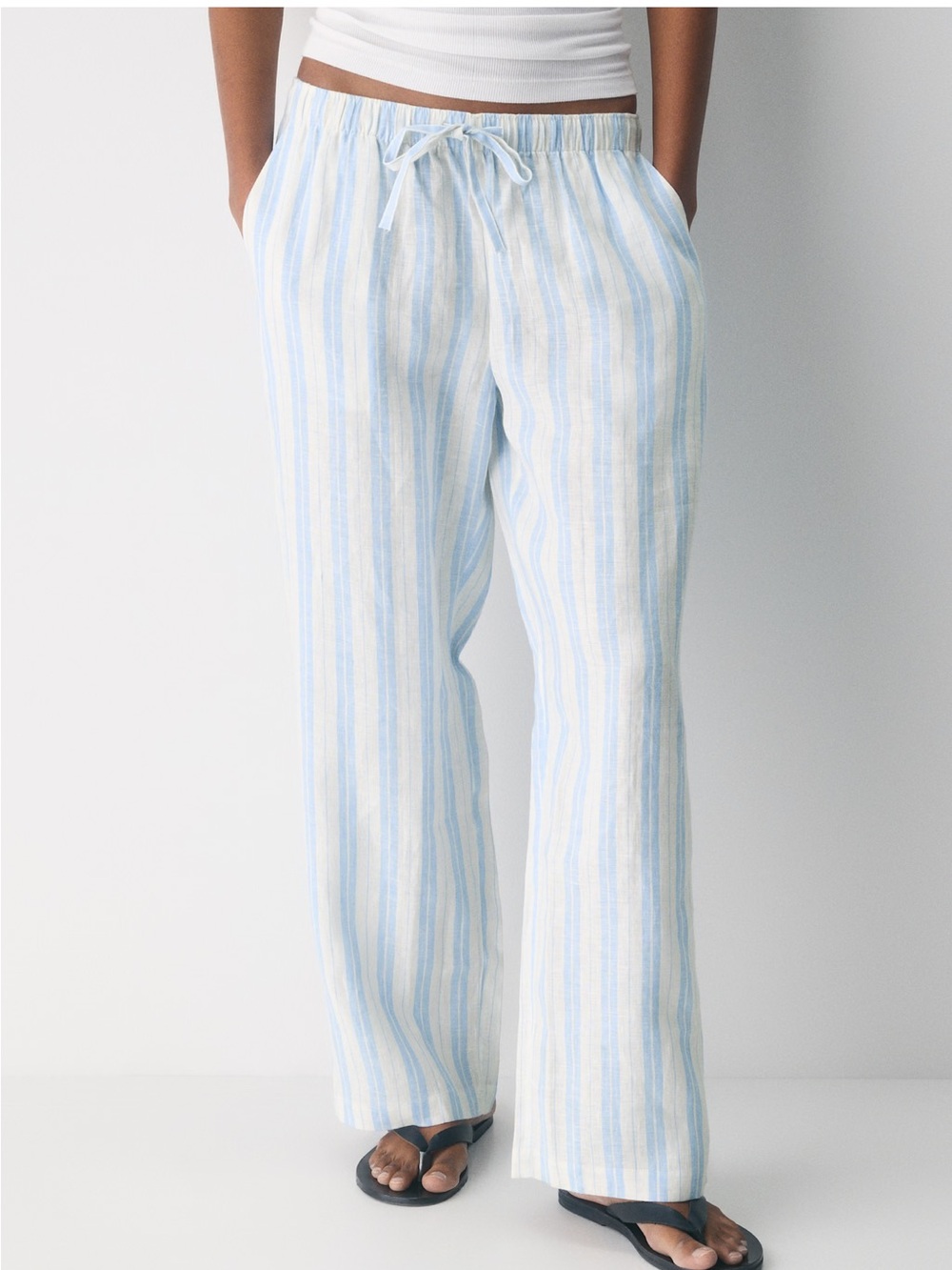 Little Moon Light Blue and White Striped Drawstring Linen Pants
